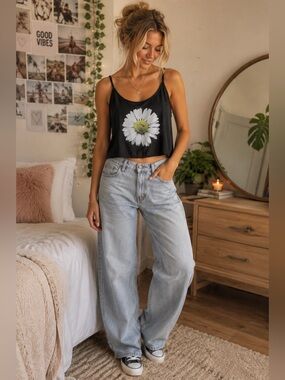 LA Hearts Daisy Graphic Semi Sheer Black Crop Cami Tank Top Size S Soft Grunge